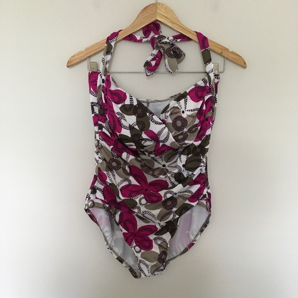 Penbrooke Fuschia Pinwheels Bandeau-Halter One Piece Swimsuit 14 Tummy Control - Picture 1 of 16